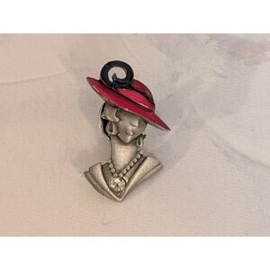 Vintage 1990s JJ Jonette Jewelry Red Hat Lady Bust Rhinestone Necklace Lapel Pin